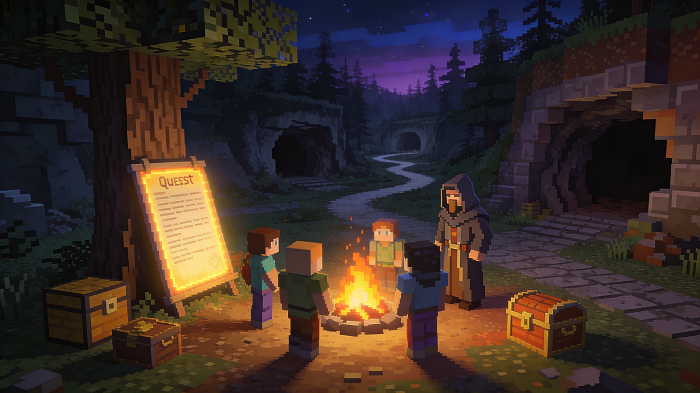 Quest camp scene representing story-driven progression on CraftBoom